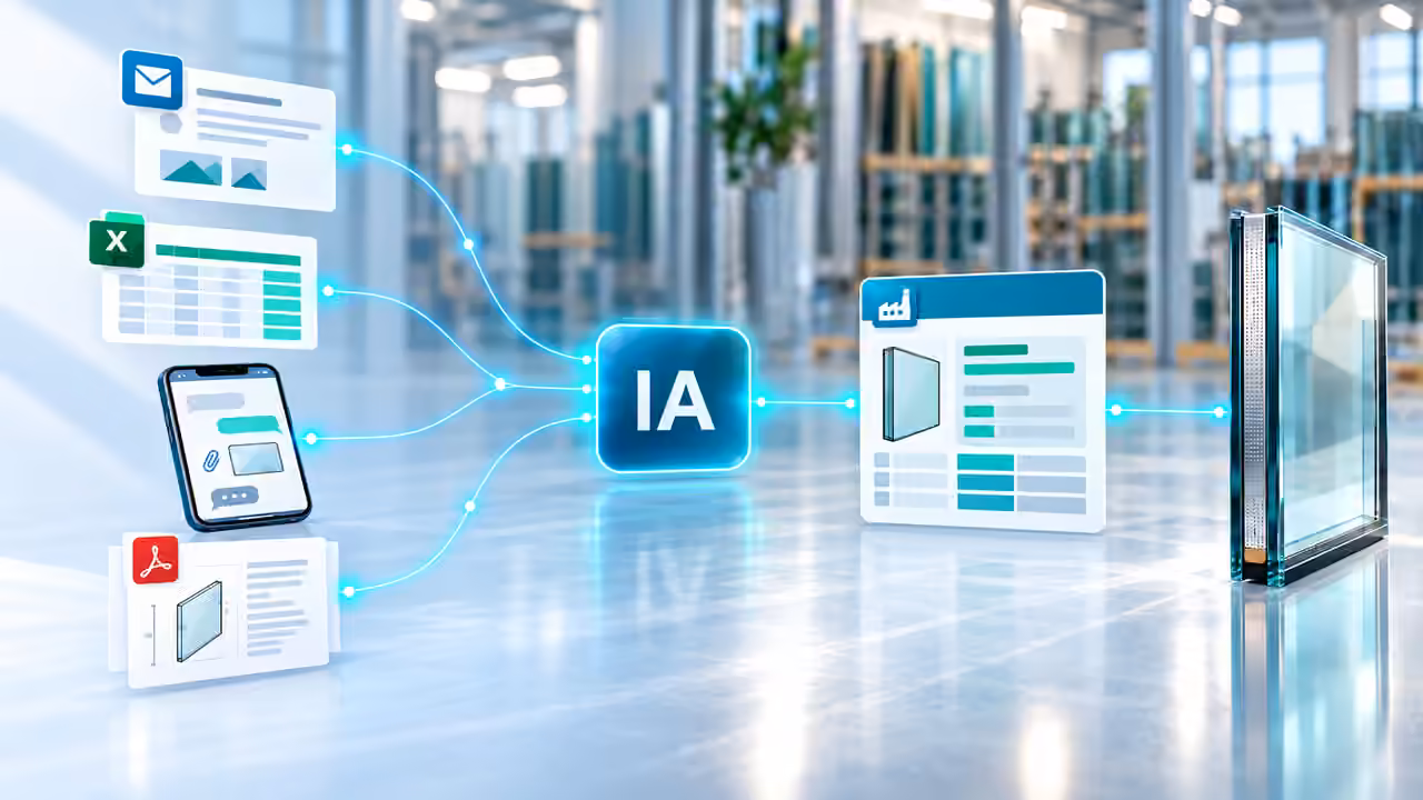 Illustration of an email, Excel sheet, photo and PDF passing through AI to become a glass order and an insulated glass unit.